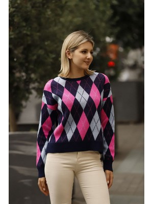 Lior Design Pembe Baklava Desenli Renk Bloklu Kışlık Triko Kazak BCES-253017