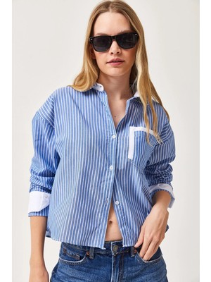 Lior Design Indigo Manşet ve Cepleri Garnili Çizgili Oversize Crop Dokuma Gömlek BC231036