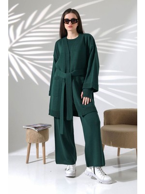 Lior Design Haki Bisiklet Yaka Bluz, Hırka ve Pantolon 3 Lü Triko Takım BCES-252041