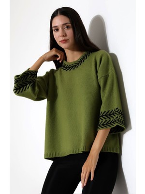 Lior Design Zeytin Yeşili Bisiklet Yaka Desenli Triko Kazak BCES-252038