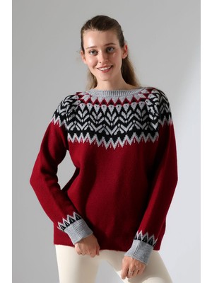 Lior Design Bordo Bisiklet Yaka Kar Desenli Triko Kazak BCES-252028