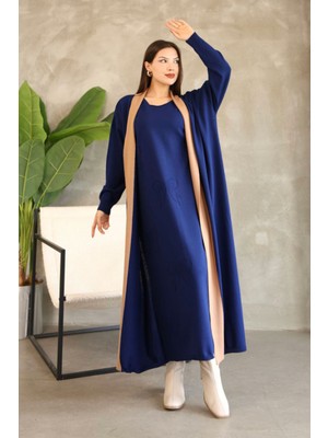 Lior Design Lacivert Bisiklet Yaka Elbise ve Hırka Tesettür Alt Üst Takım BCES-252024