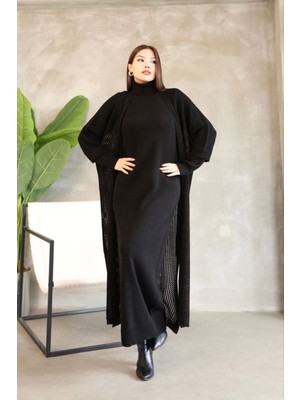 Lior Design Siyah Boğazlı Uzun Kol Triko Elbise ve Uzun Hırka Tesettür Alt Üst Triko Takım BCES-252039