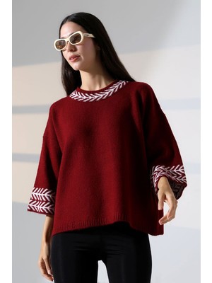 Lior Design Bordo Bisiklet Yaka Desenli Triko Kazak BCES-252038