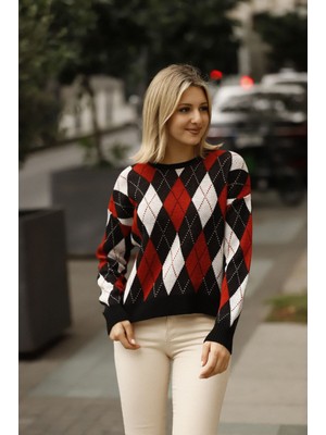 Lior Design Siyah Baklava Desenli Renk Bloklu Kışlık Triko Kazak BCES-253017