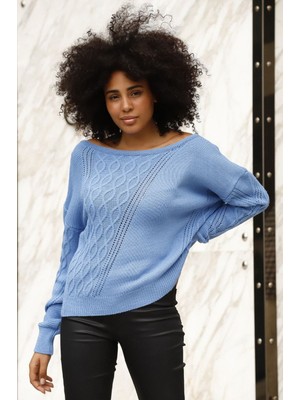 Lior Design Bebe Mavi Kayık Yaka Saç Örgü Desenli Kışlık Triko Kazak BCES-253016