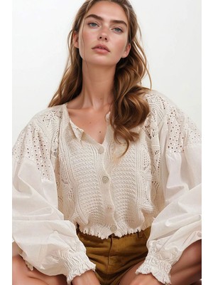 Lior Design Vanilya Bisiklet Yaka Ajrulu Kolları Fistolu Crop Triko Hırka BCHESQ-251002