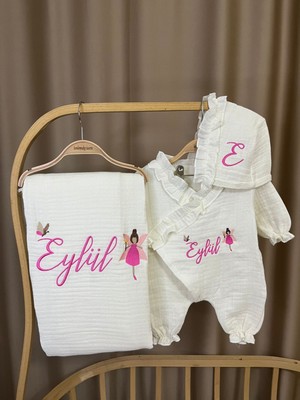 Handemnakış Tasarım Isimli Nakışlı Müslin 3'lü Hastane Çıkış Seti -Tulum Şapka Battaniye