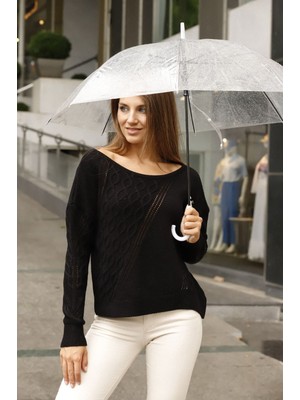 Lior Design Siyah Kayık Yaka Saç Örgü Desenli Kışlık Triko Kazak BCES-253016