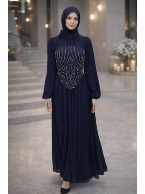 Hiramir Kadın Taş Işlemeli Çıkarılabilir Yelekli Şifon Abiye Elbise YZ2509