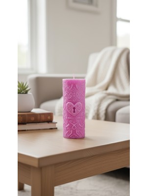 Raw Home Kalp Kilidi Dekoratif Mum | Pembe Çilek Kokulu | El Yapımı Silindir Tasarım %100 Soya Mum