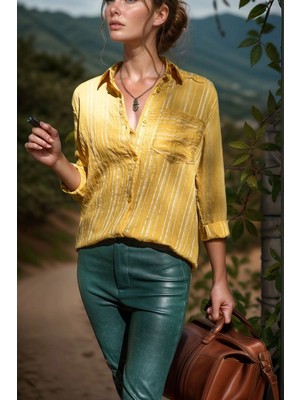 Lior Design Sarı Gül Kurusu Kendinden Dokulu Yumuşak Tek Cep Gömlek BCBSK-25700-3266