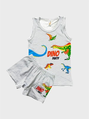 Elmas Kids Erkek Çocuk Pamuklu Beyaz Çizgili Dinozor Desenli Atlet Boxer Takımı