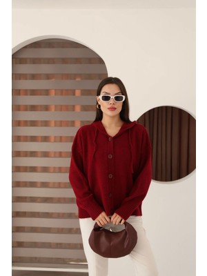 Lior Design Kırmızı Düğmeli Kapüşonlu Soft Touch Triko Hırka BCES-253009