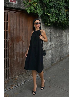 Lior Design Siyah Gizli Cepli Yazlık Keten Dokuma Elbise BCDF-25255029