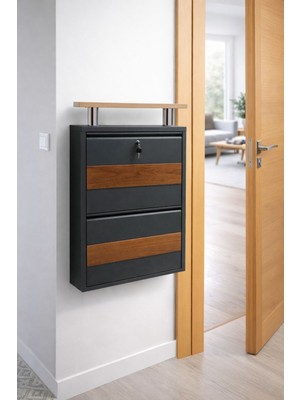 Arinna 2'li Kilitli Antrasit Metal Ayakkabılık ( Ahşap Desenli ve Üst Ahşap Tablalı )