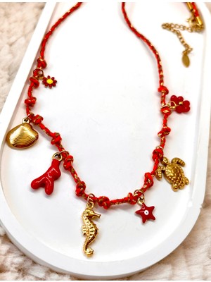 Zara Model Gold Charmlı Kırmızı Ipli 316L Paslanmaz Çelik Kolye