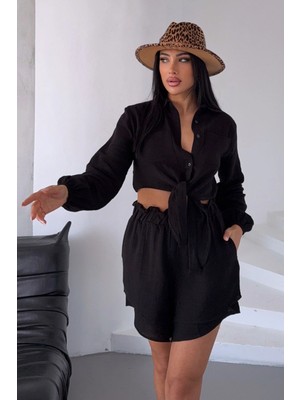 Lior Design Siyah Müslin Keten Şortlu Alt Üst Takım BCBT-251001