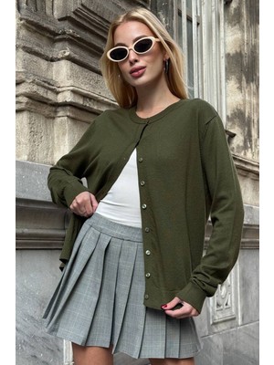 Lior Design Haki Bisiklet Yaka Düğmeli Triko Hırka BCHZCK-251267