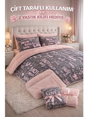 Suvay Çift Kişilik Welsoft Yorgan | 2 Yastık Kılıfı Hediyeli, Çift Taraflı - Love Pudra