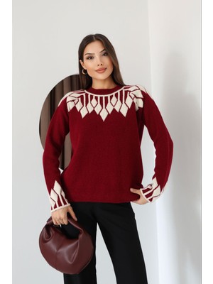 Lior Design Bordo Bisiklet Yaka Desenli Triko Kazak BCES-253003