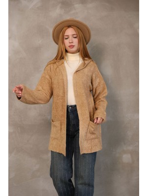 Lior Design Bisküvi Kapüşonlu Çift Cepli Yumuşak Dokulu Triko Hırka BCES-252016