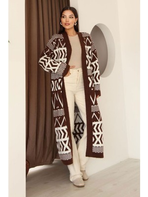 Lior Design Kahverengi Desenli Saçaklı Uzun Boy Triko Hırka BCES-253001