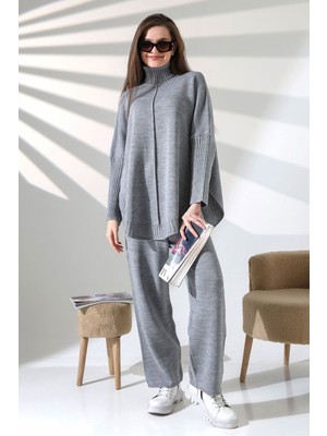 Lior Design Gri Boğazlı Salaş Kesim Kazak ve Fit Pantolon Alt Üst Triko Takım BCES-252033