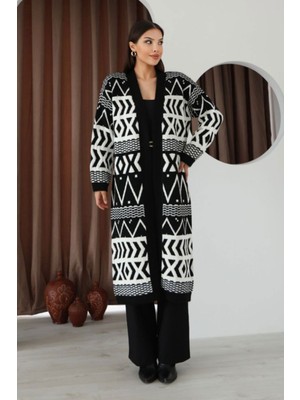 Lior Design Siyah Desenli Saçaklı Uzun Boy Triko Hırka BCES-253001