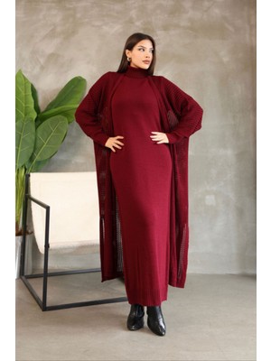 Lior Design Bordo Boğazlı Uzun Kol Triko Elbise ve Uzun Hırka Tesettür Alt Üst Triko Takım BCES-252039