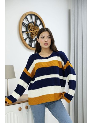 Lior Design Lacivert Bisiklet Yaka Çizgi Desenli Triko Kazak BCES-252006