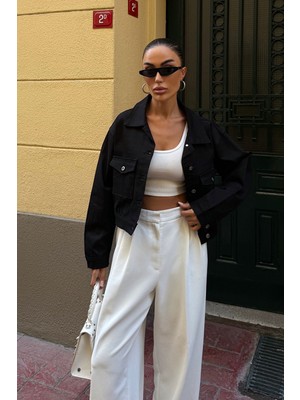 Lior Design Siyah Çift Cep Denim Crop Ceket BCDF-255419