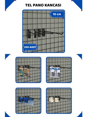 Normadia 10 cm Siyah Tel Pano Kancası, 250 Adet Raf Askısı Seti