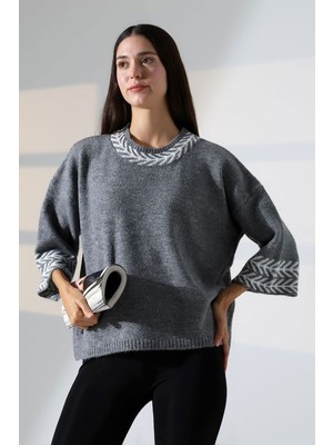 Lior Design Gri Bisiklet Yaka Desenli Triko Kazak BCES-252038