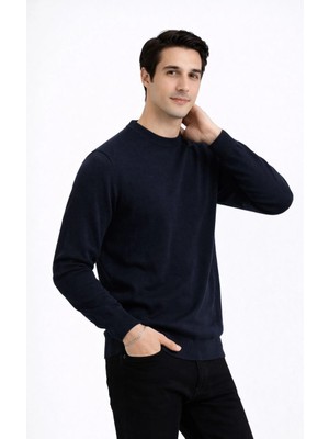 Erkek Bisiklet Yaka Triko Kazak Yumuşak Dokulu Pamuklu Ince Dokuma, Uzun Kollu Rahat Regular Kalıp - Lacivert