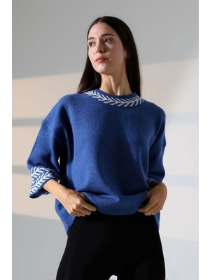 Lior Design Mavi Bisiklet Yaka Desenli Triko Kazak BCES-252038