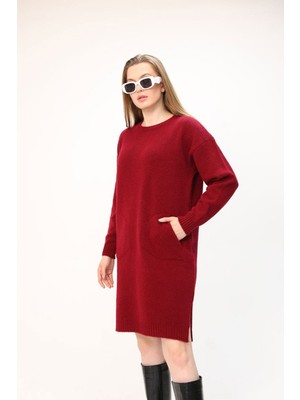 Lior Design Bordo Çift Cepli Bisiklet Yaka Tunik Elbise BCES-252022-1