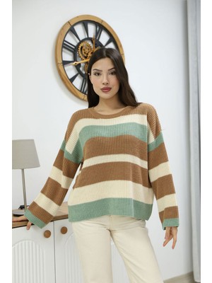 Lior Design Bisküvi Bisiklet Yaka Çizgi Desenli Triko Kazak BCES-252006