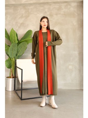 Lior Design Haki Bisiklet Yaka Elbise ve Hırka Tesettür Alt Üst Takım BCES-252024