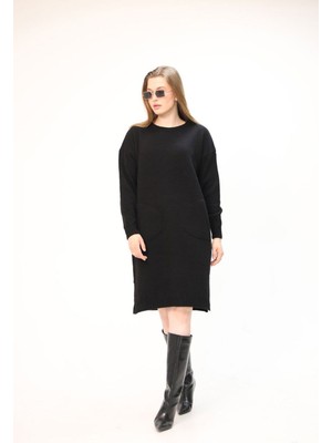 Lior Design Siyah Çift Cepli Bisiklet Yaka Tunik Elbise BCES-252022-1