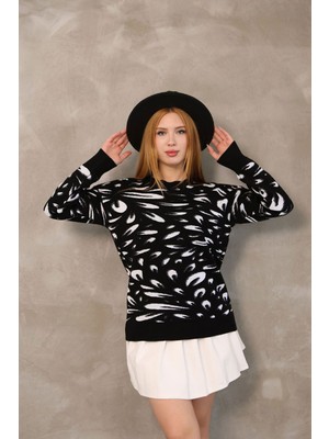 Lior Design Siyah Bisiklet Yaka Desenli Triko Kazak BCES-252032