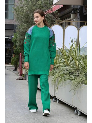 Zengezur Mall Matrixzn Omuz Detaylı Kol Nakışlı İkili Alt Üst Triko Takım Yeşil (beden: Standart)