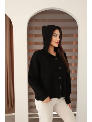 Lior Design Siyah Düğmeli Kapüşonlu Soft Touch Triko Hırka BCES-253009
