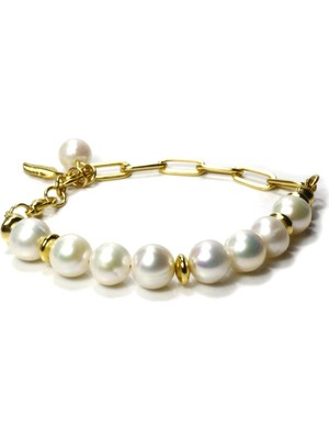 Ilgın Doğal Taş Takı Gerçek Altın Kaplama Zincirli Inci Bileklik | Özel Tasarım Zarif Inci Bileklik