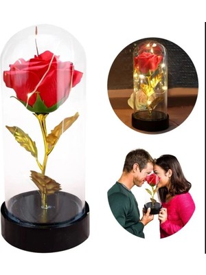 UltraMint Dekoratif Işıklı Cam Fanus Içinde Solmayan Gül Figürlü Biblo