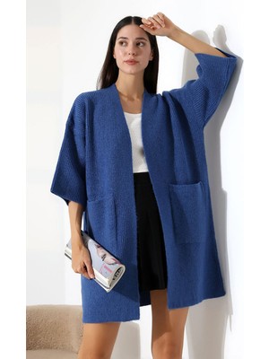 Lior Design Mavi Çift Cepli Yarım Kol Uzun Boy Triko Hırka BCES-252019