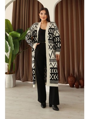 Lior Design Ekru Desenli Saçaklı Uzun Boy Triko Hırka BCES-253001