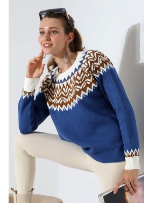 Lior Design Mavi Bisiklet Yaka Kar Desenli Triko Kazak BCES-252028