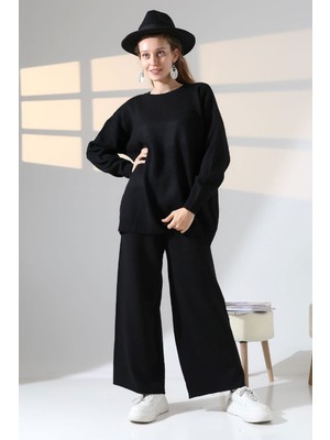 Lior Design Siyah Bisiklet Yaka Kazak ve Geniş Paça Pantolon Alt Üst Triko Takım BCES-252005