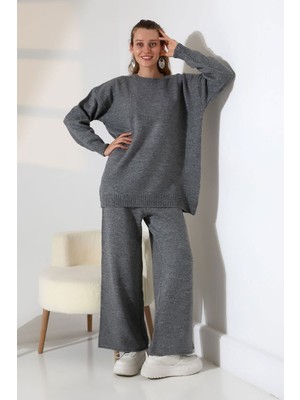 Lior Design Antrasit Bisiklet Yaka Kazak ve Geniş Paça Pantolon Alt Üst Triko Takım BCES-252005